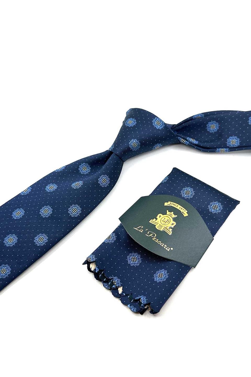 Lacivert Motif Desen Mendilli Klasik Kravat KK12307