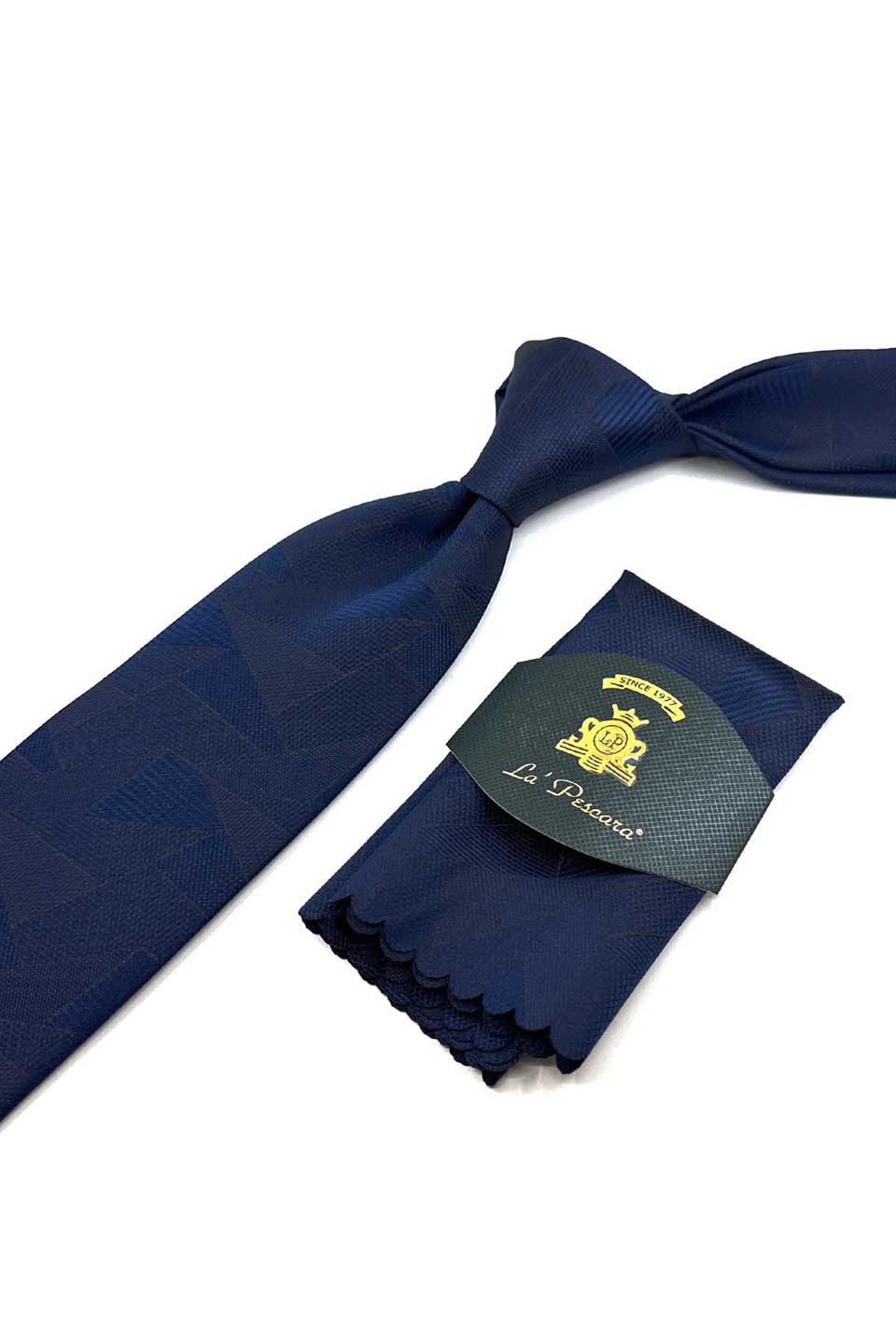 Lacivert Motif Desen Mendilli Klasik Kravat KK12289