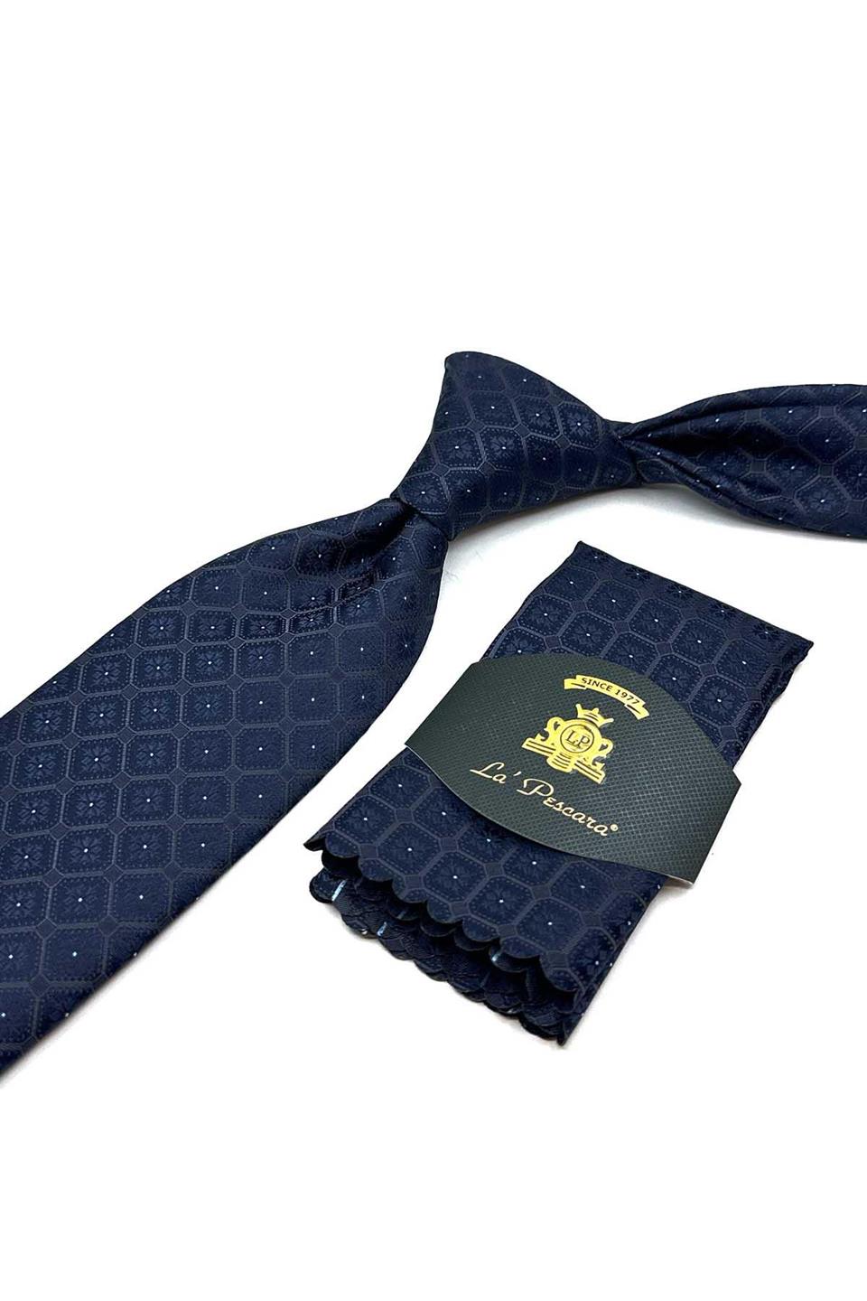 Lacivert Motif Desen Mendilli Klasik Kravat KK12853
