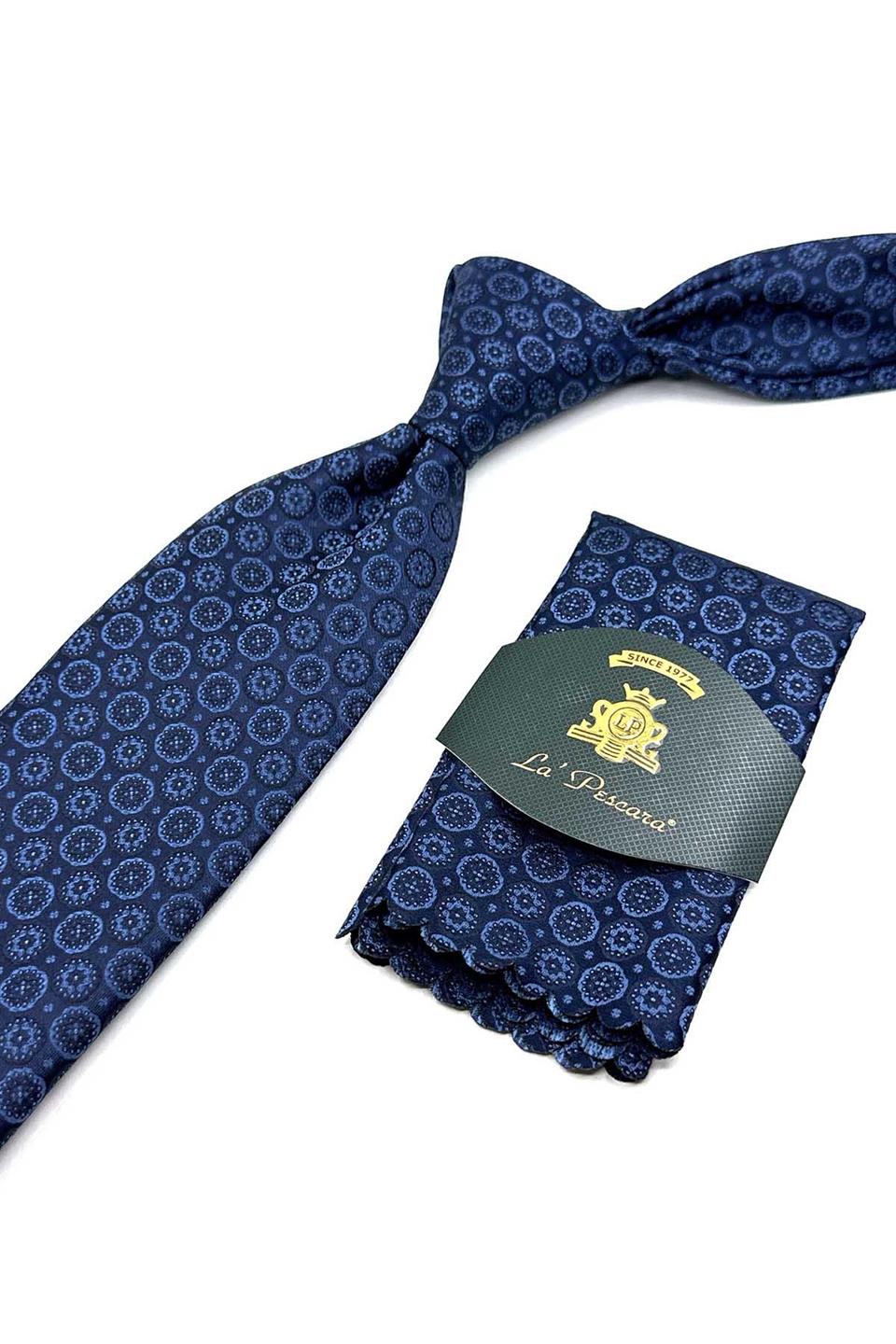 Lacivert Motif Desen Mendilli Klasik Kravat KK12611