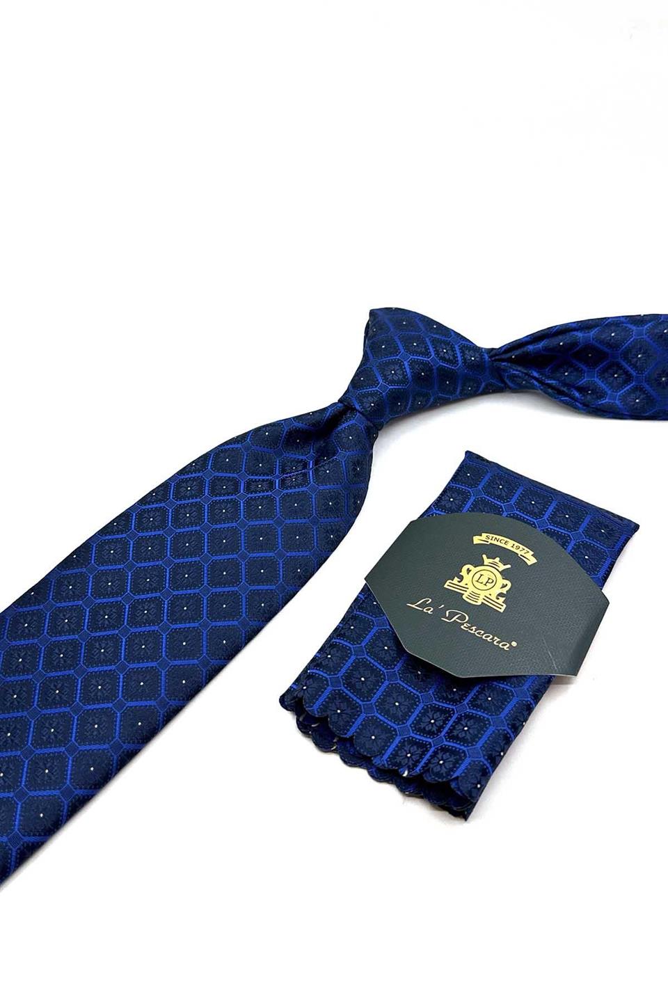 Lacivert Motif Desen Mendilli Klasik Kravat KK12857