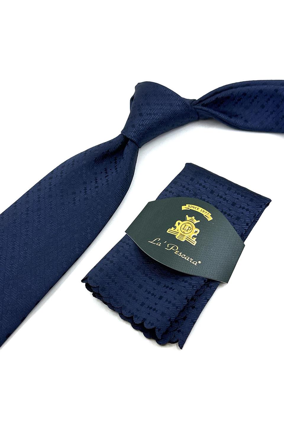 Lacivert Motif Desen Mendilli Klasik Kravat KK12010
