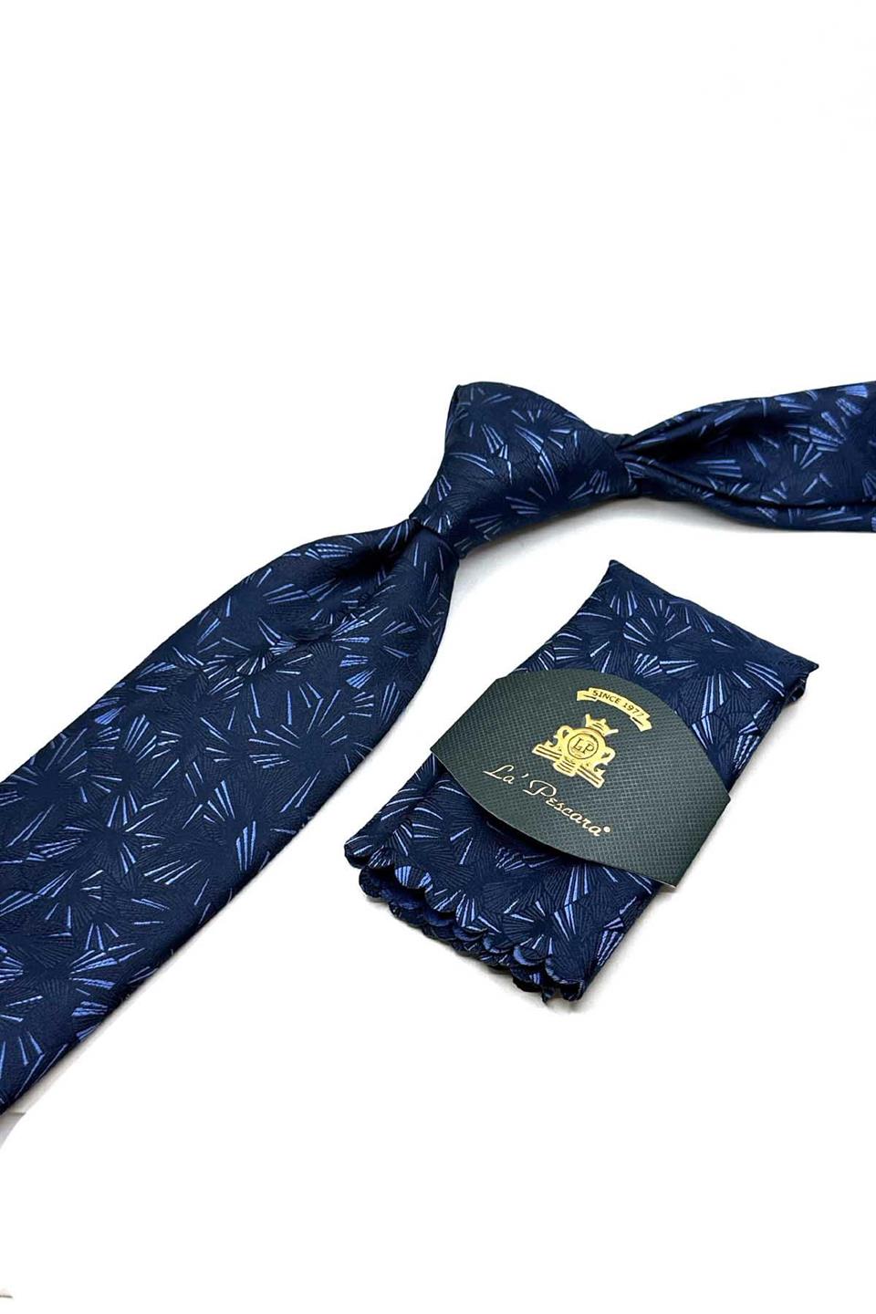 Lacivert Motif Desen Mendilli Klasik Kravat KK12923