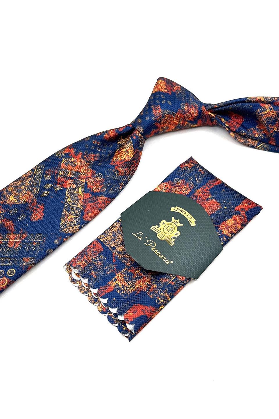 Lacivert Motif Desen Mendilli Klasik Kravat KK11796