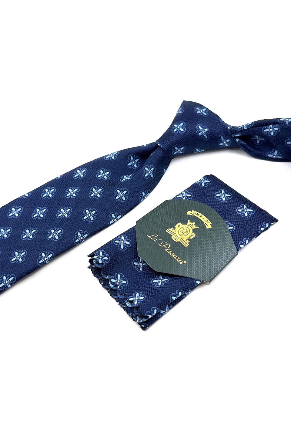 Lacivert Motif Desen Mendilli Klasik Kravat KK11925