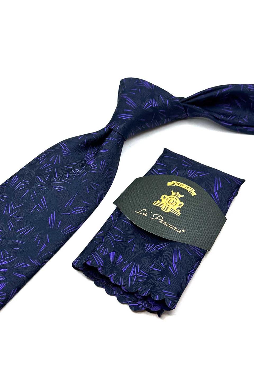 Lacivert Motif Desen Mendilli Klasik Kravat KK12921