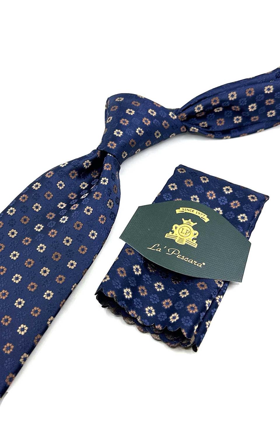 Lacivert Motif Desen Mendilli Klasik Kravat KK13187