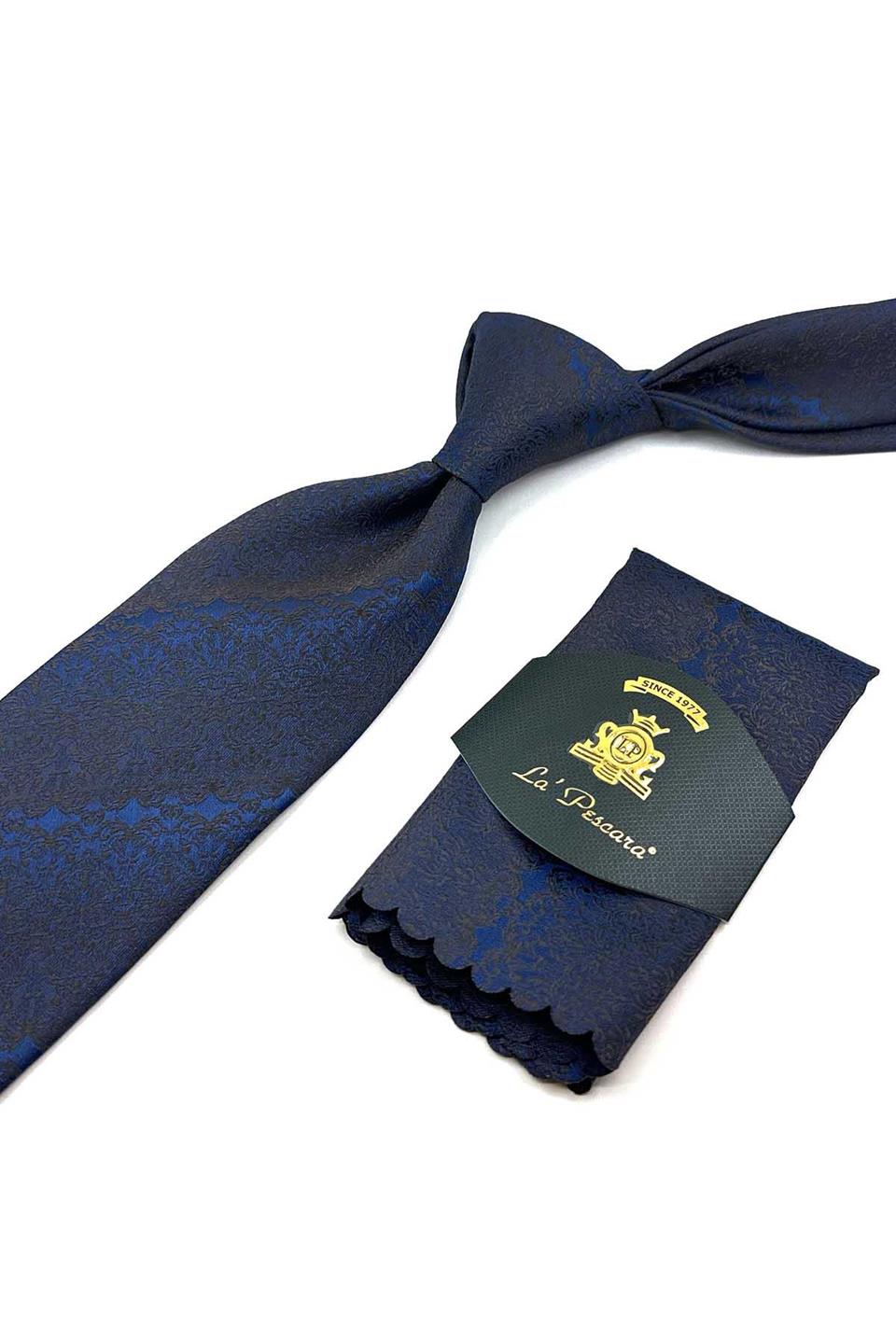 Lacivert Motif Desen Mendilli Klasik Kravat KK12421