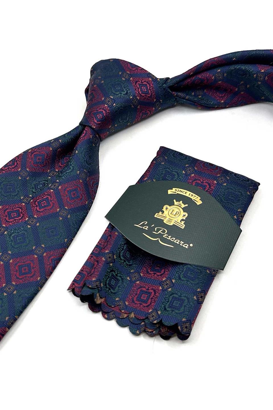 Lacivert Motif Desen Mendilli Klasik Kravat KK13427