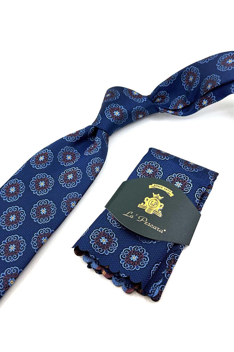 Lacivert Motif Desen Mendilli Klasik Kravat KK12243