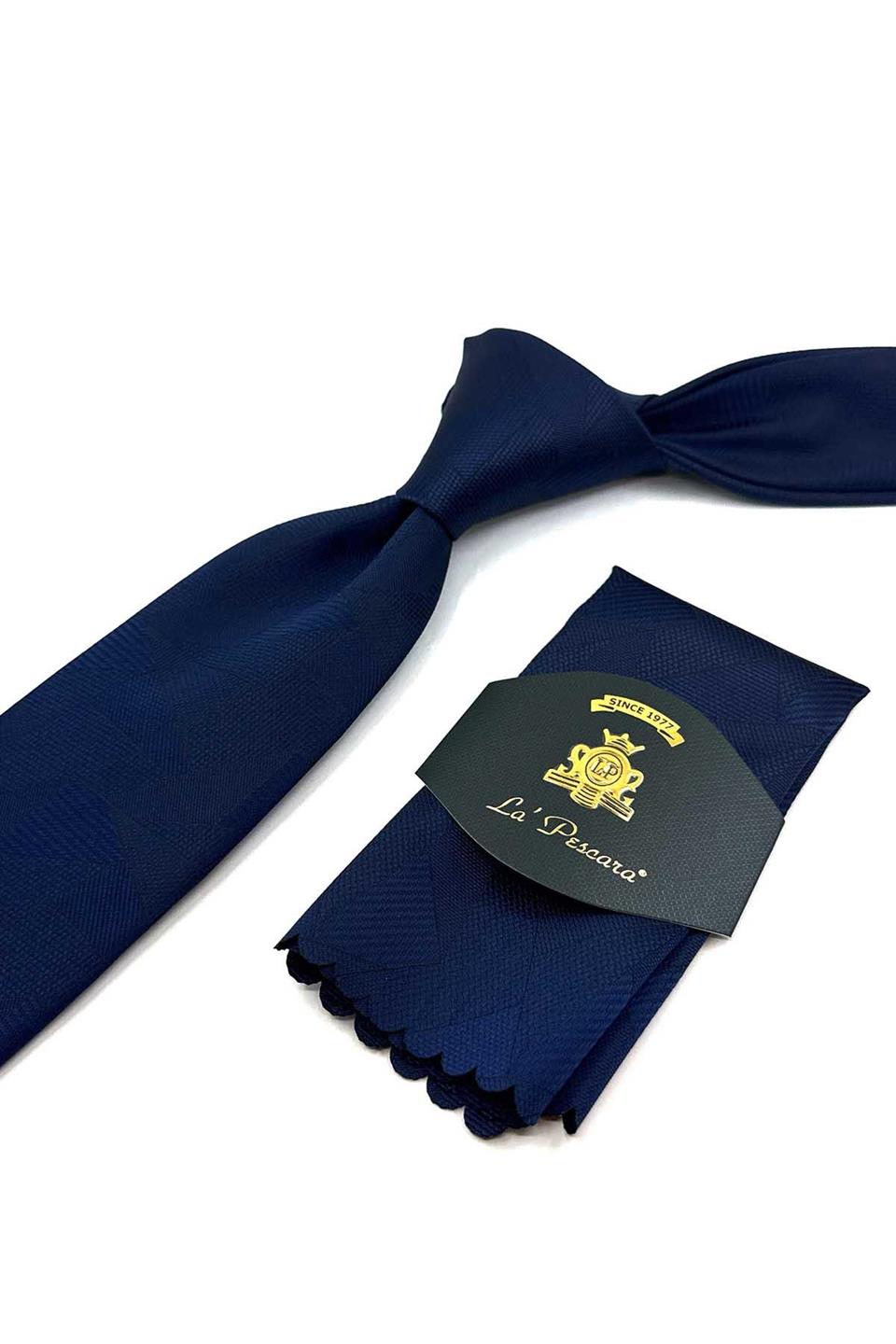 Lacivert Motif Desen Mendilli Klasik Kravat KK12294