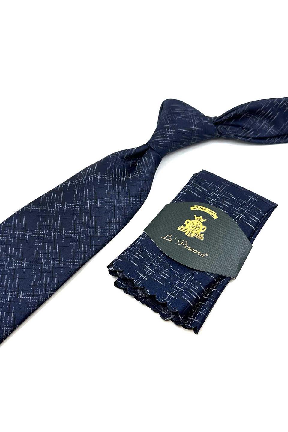 Lacivert Motif Desen Mendilli Klasik Kravat KK12437