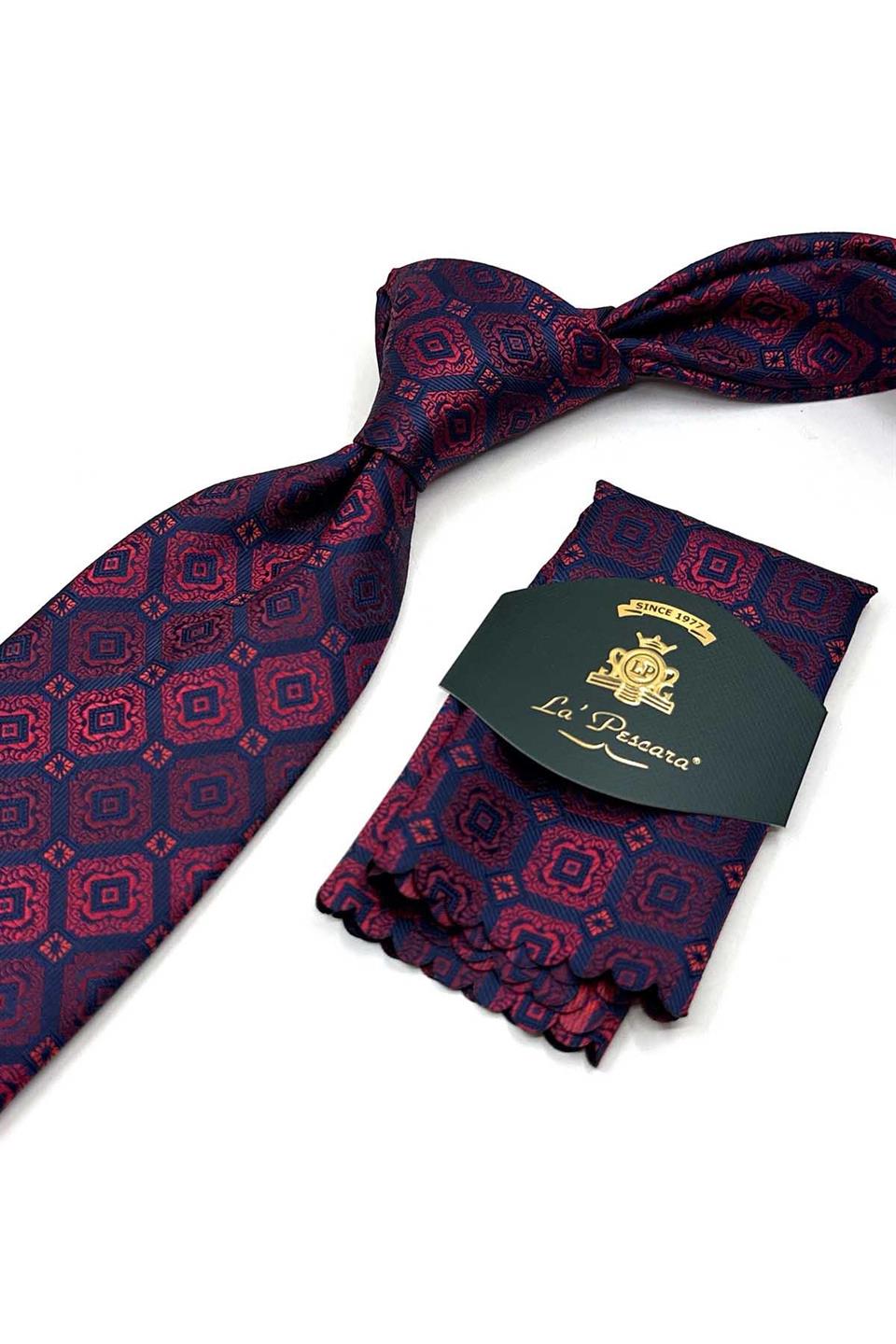 Lacivert Motif Desen Mendilli Klasik Kravat KK13432
