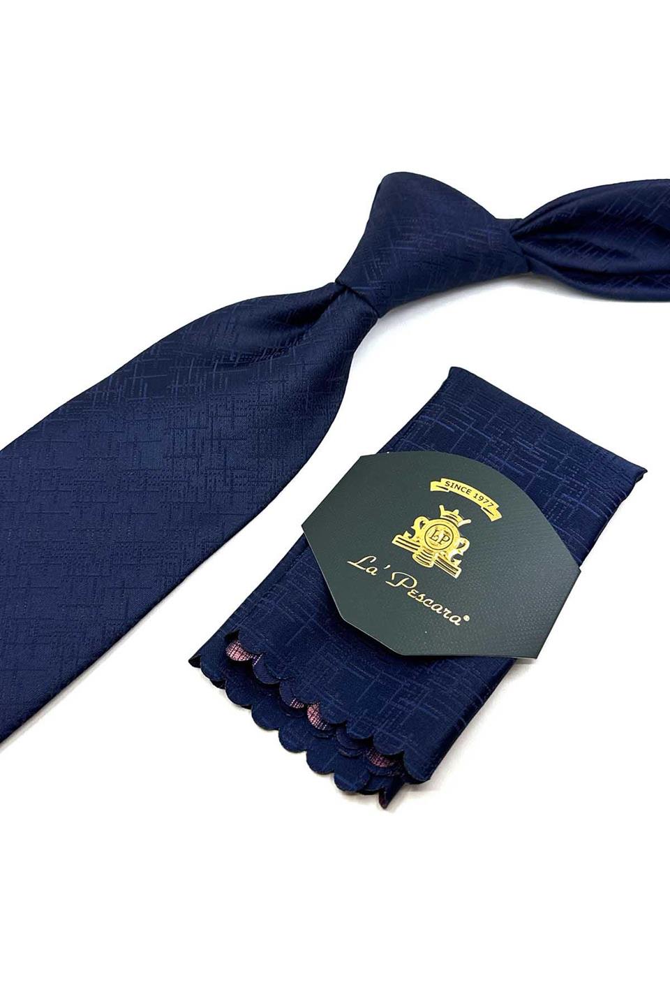 Lacivert Motif Desen Mendilli Klasik Kravat KK12435