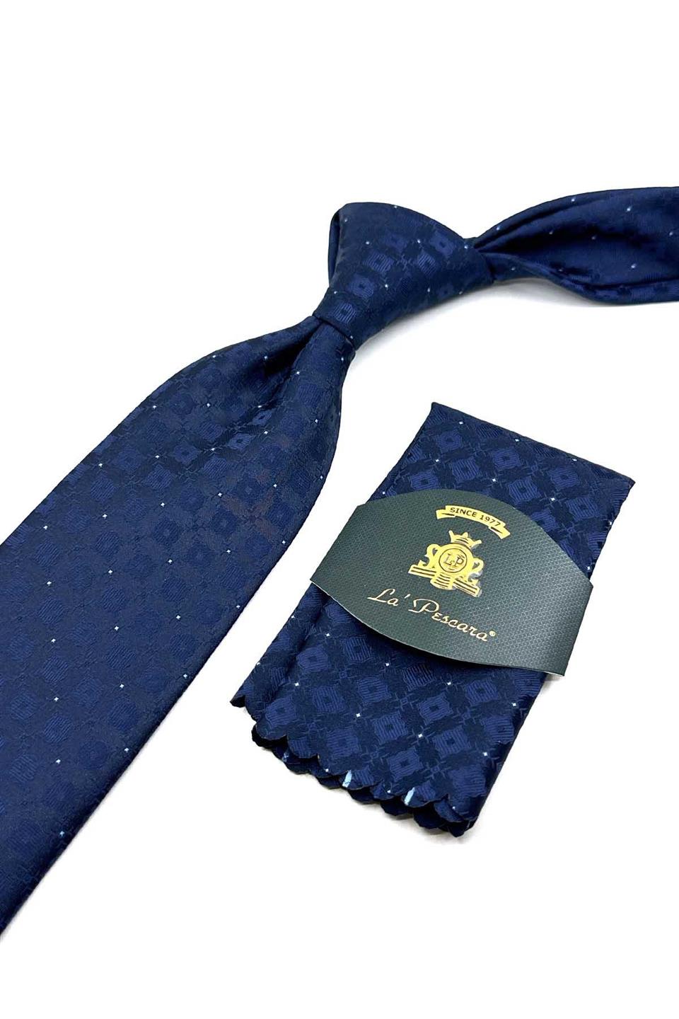 Lacivert Motif Desen Mendilli Klasik Kravat KK12574