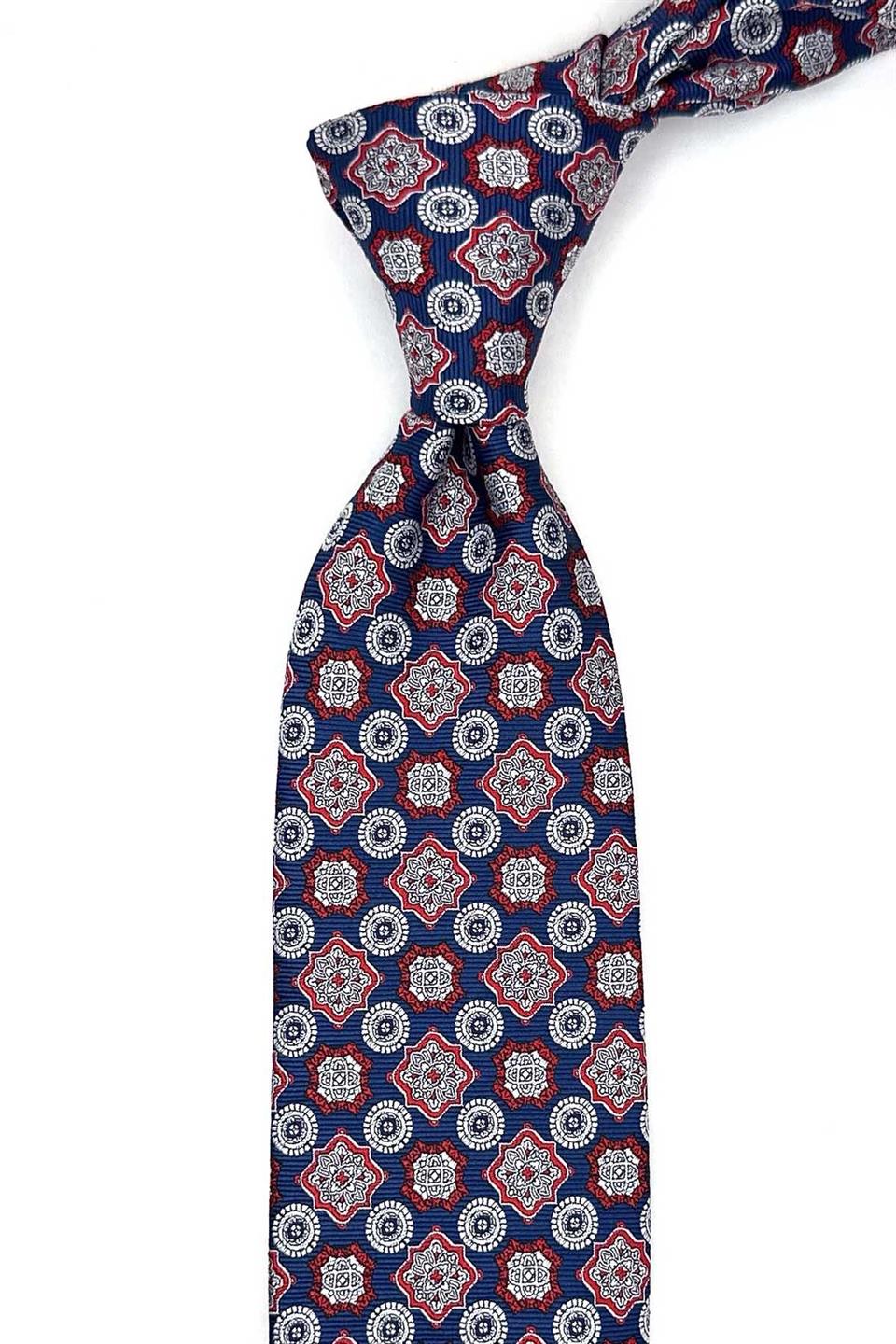 Lacivert Motif Desen Mendilli Klasik Kravat KK12974
