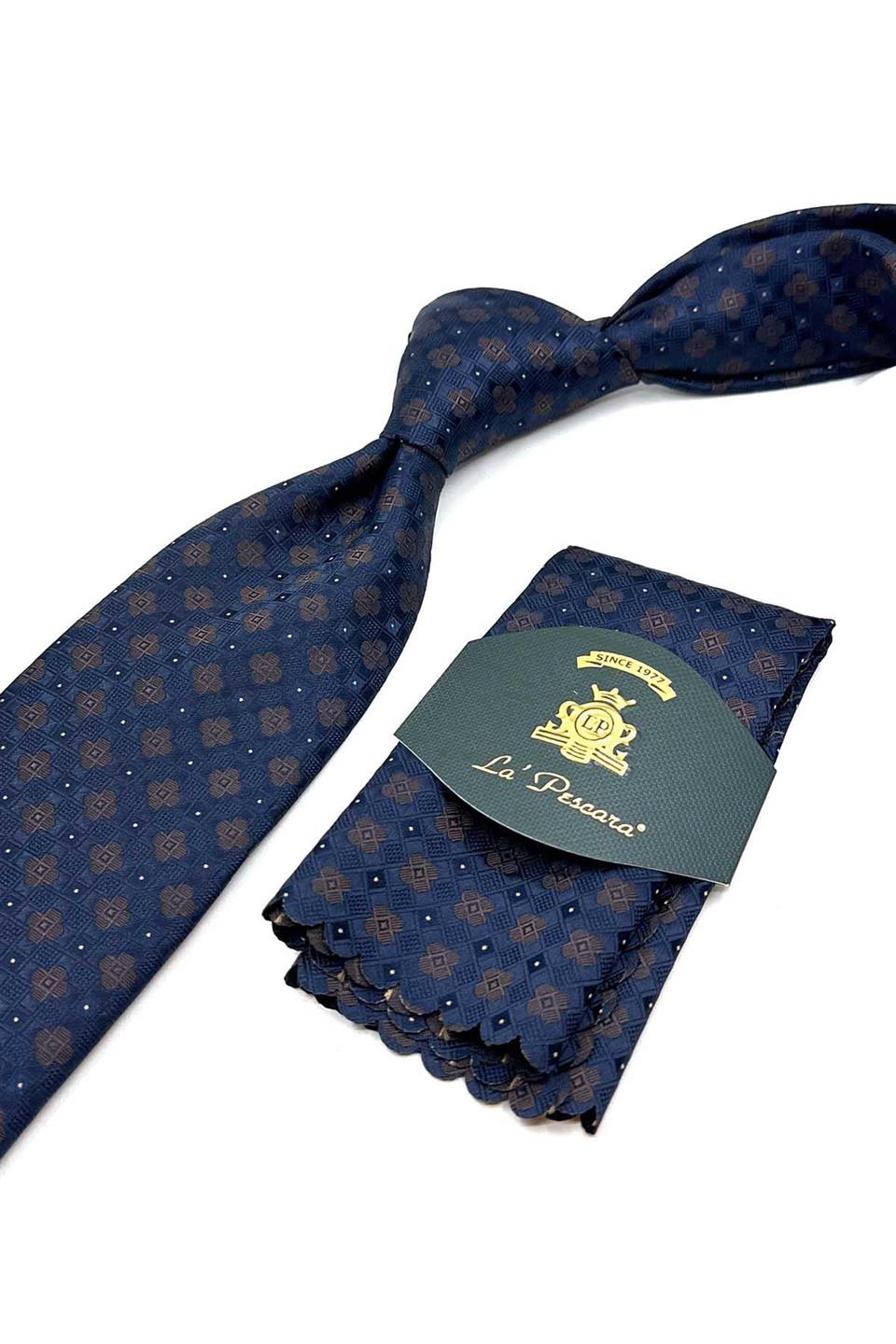 Lacivert Motif Desen Mendilli Klasik Kravat KK13039