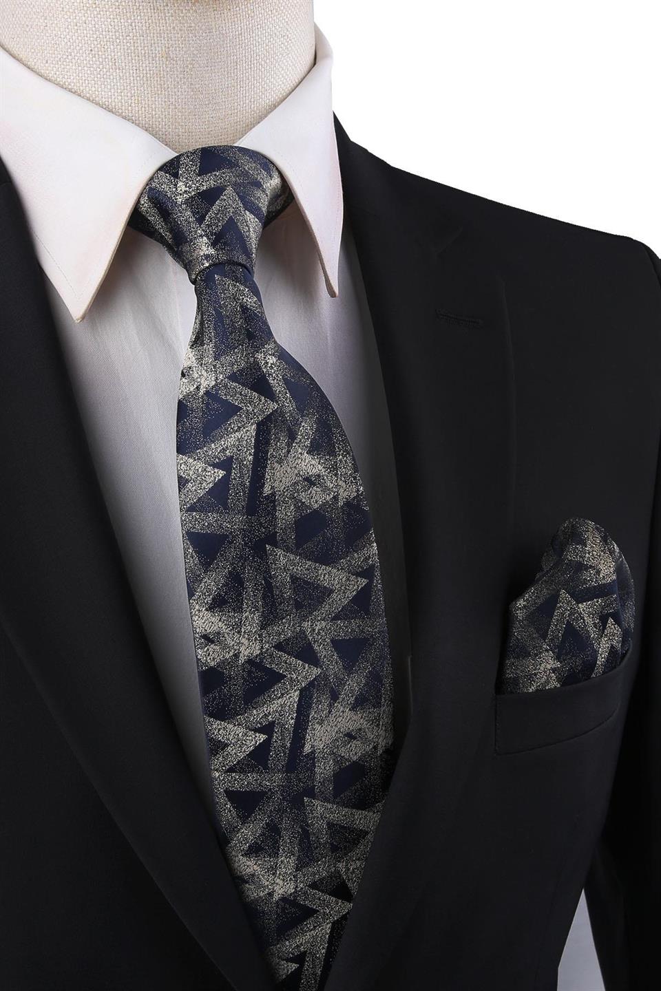 Lacivert Motif Desen Mendilli Klasik Kravat KK10835