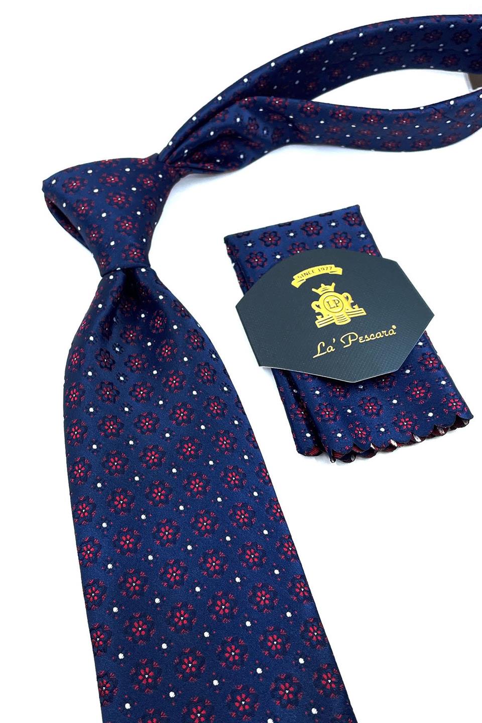 Lacivert Motif Desen Mendilli Klasik Kravat KK10941