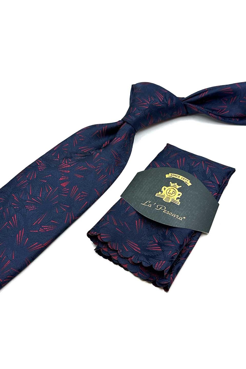 Lacivert Motif Desen Mendilli Klasik Kravat KK12920