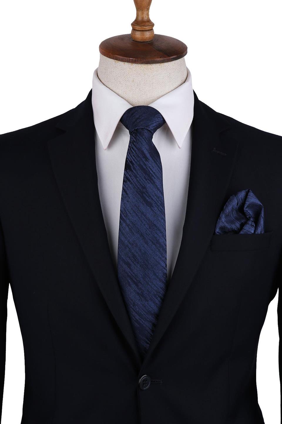 Lacivert Motif Desen Mendilli Klasik Kravat KK10529