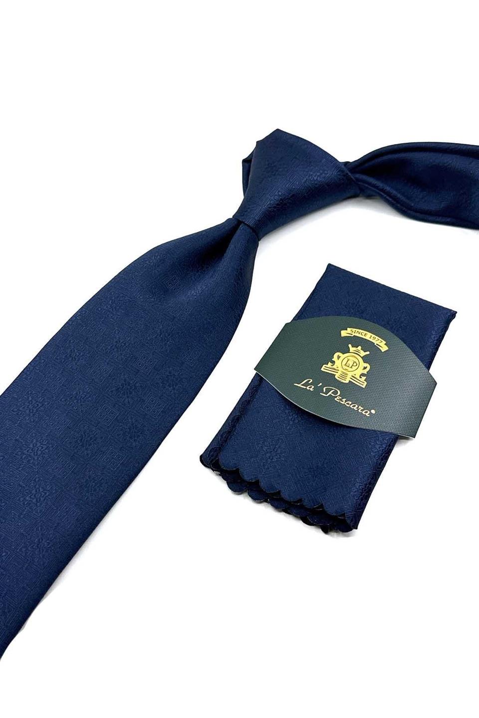 Lacivert Motif Desen Mendilli Klasik Kravat KK12545