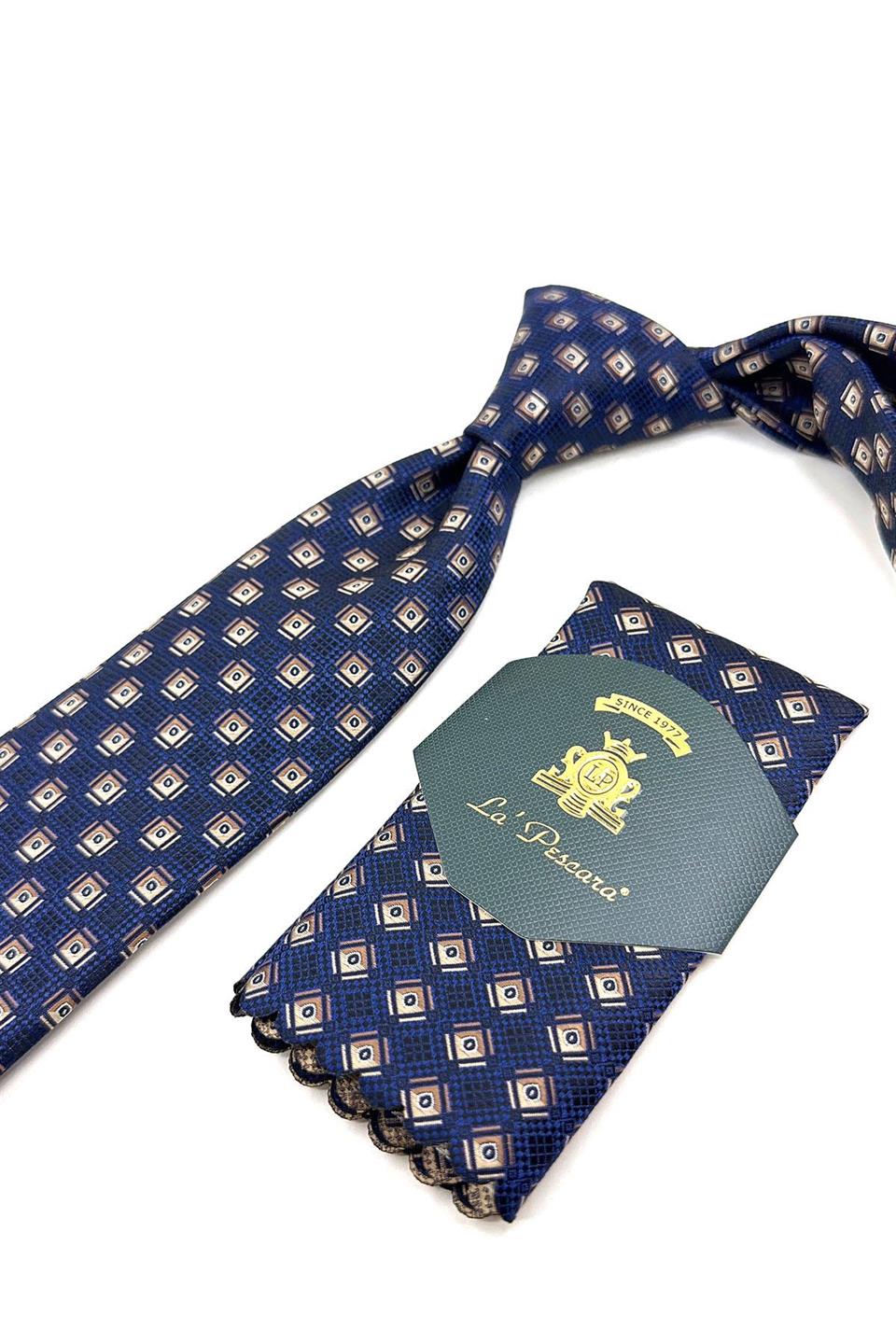 Lacivert Motif Desen Mendilli Klasik Kravat KK11060