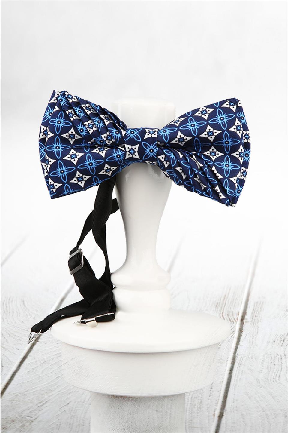 Lacivert Motif Desen Pilise İpek Papyon ESB28