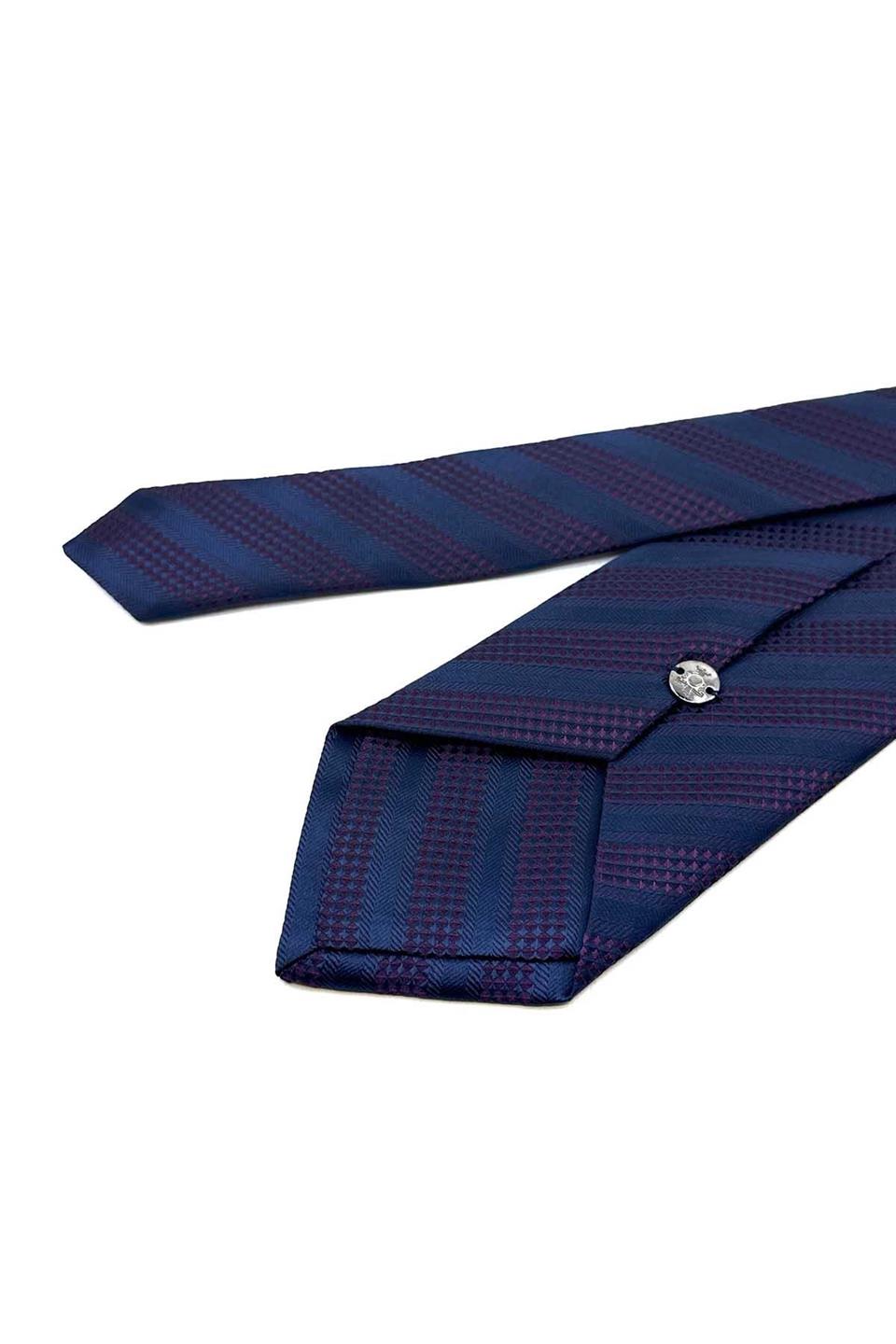 Lacivert - Mürdüm Çizgi Desen Mendilli Klasik Kravat KK12311