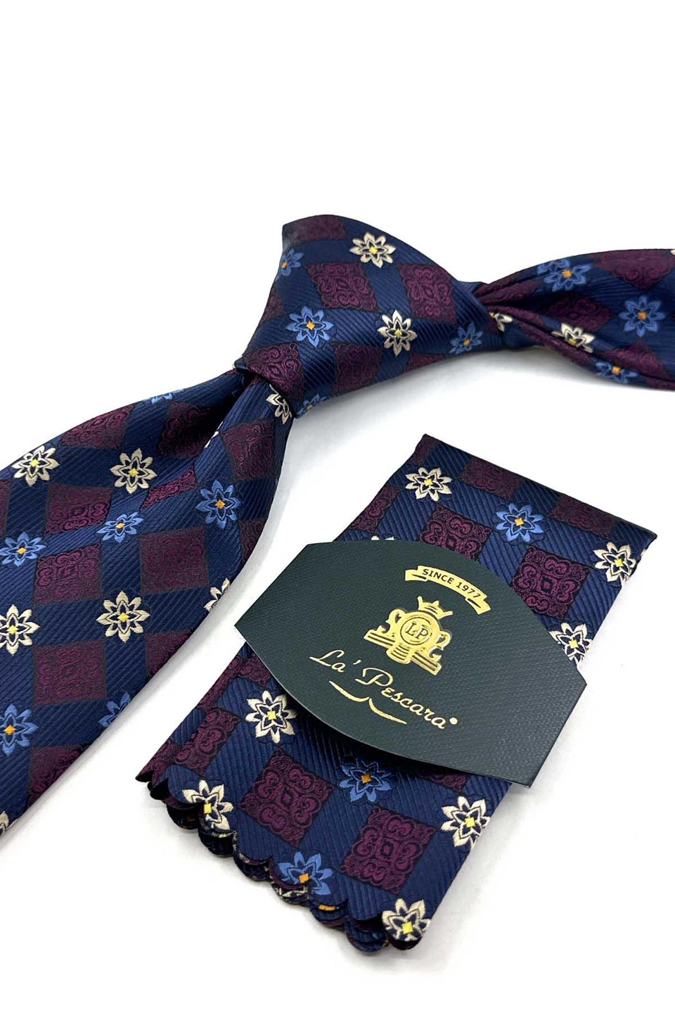 Lacivert Mürdüm Motif Desen Mendilli Klasik Kravat KK13941