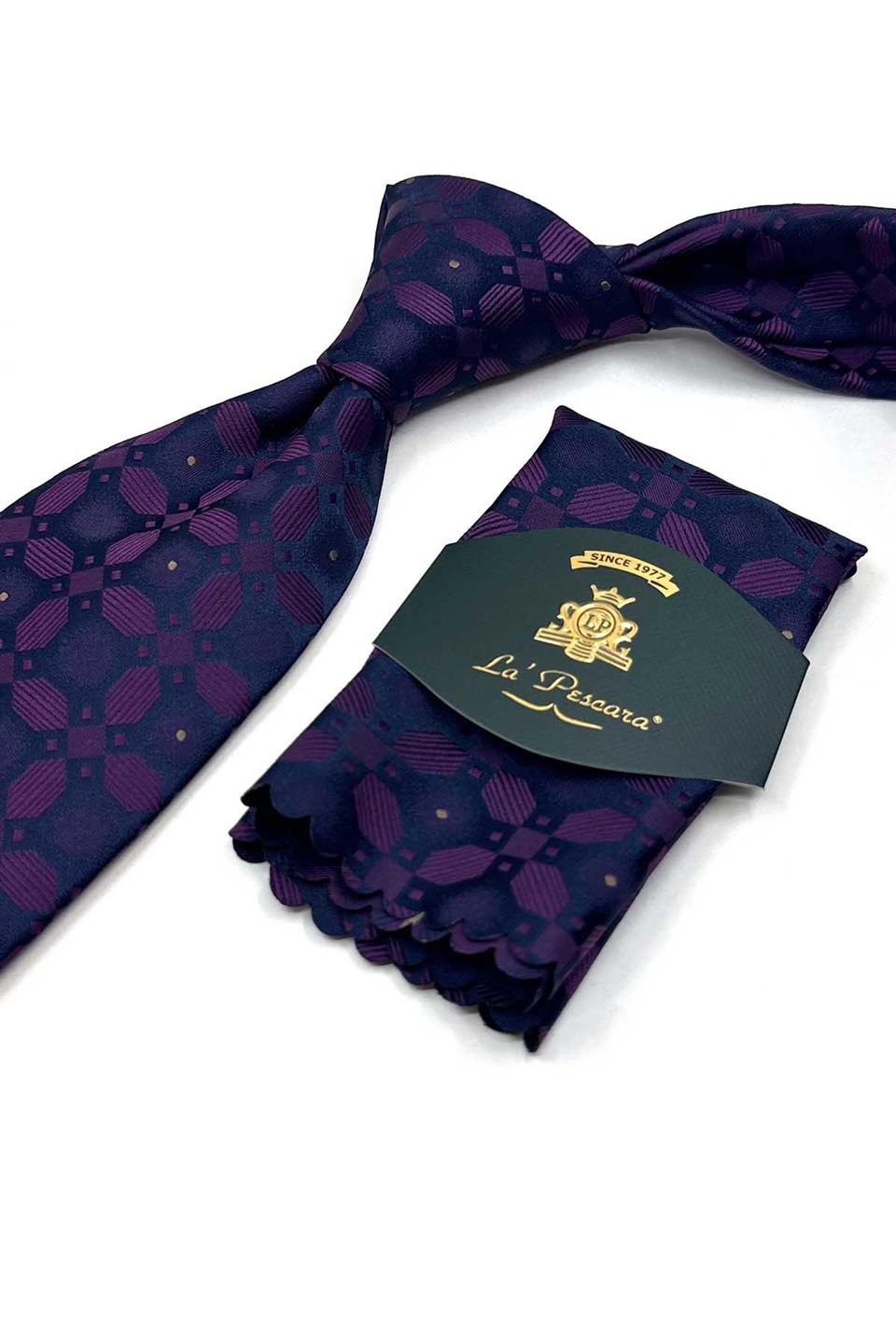 Lacivert - Mürdüm Motif Desen Mendilli Klasik Kravat KK13602