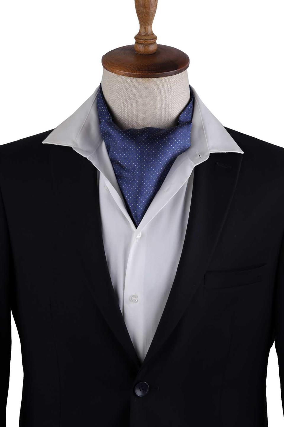 Lacivert Nokta Desen İtalyan İpek Ascot Fular K655