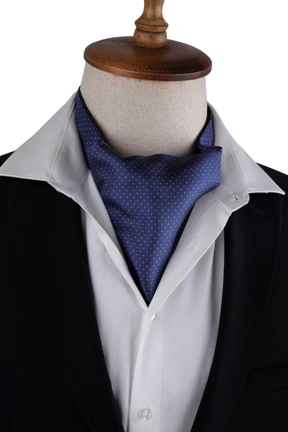 Lacivert Nokta Desen İtalyan İpek Ascot Fular K655