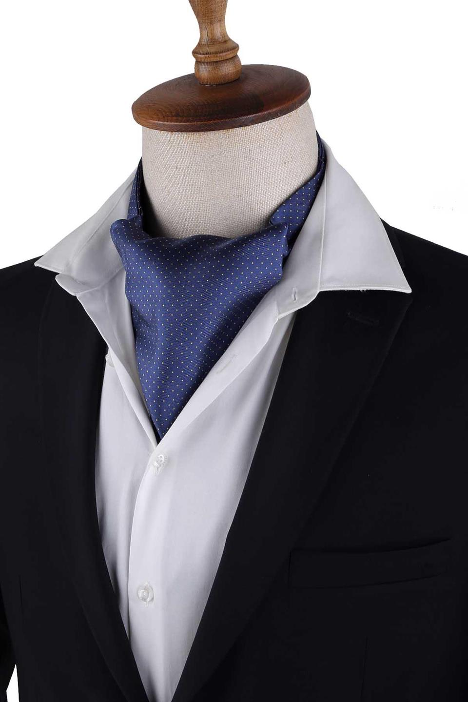Lacivert Nokta Desen İtalyan İpek Ascot Fular K655