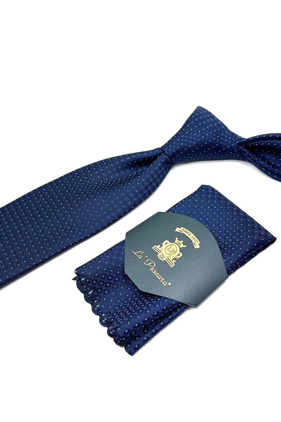 Lacivert Nokta Desen Mendilli Klasik Kravat KK11540