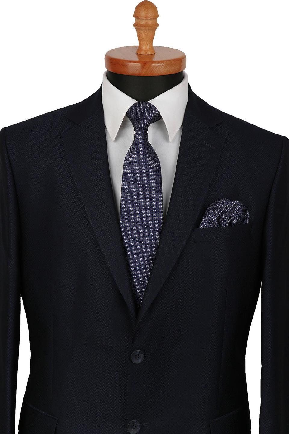 Lacivert Nokta Desen Mendilli Klasik Kravat KK9382