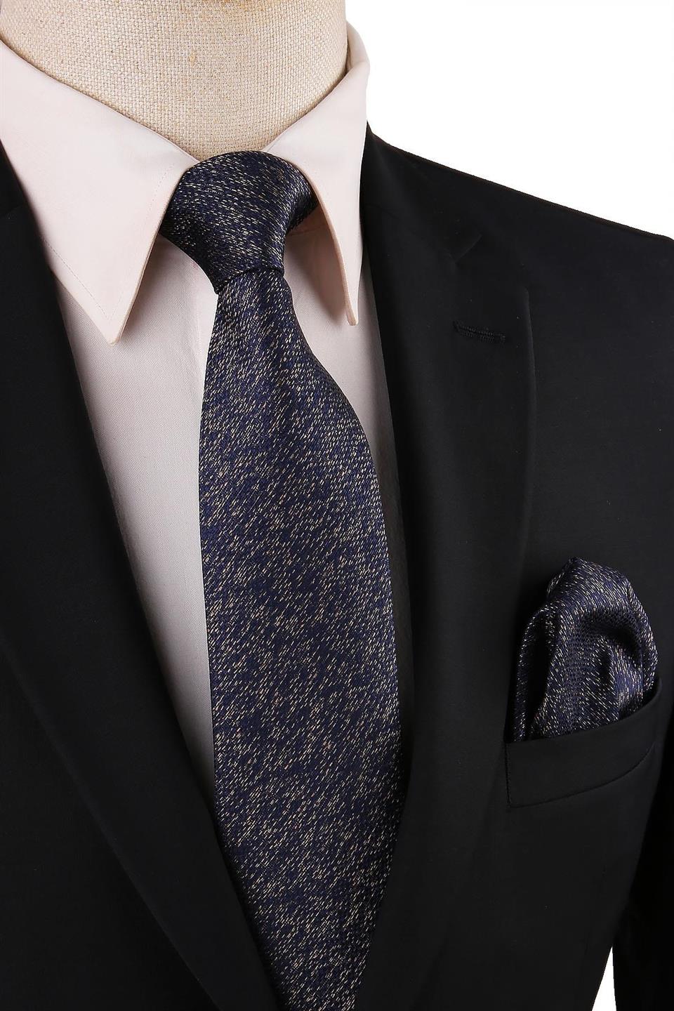 Lacivert Nokta Desen Mendilli Klasik Kravat KK10725