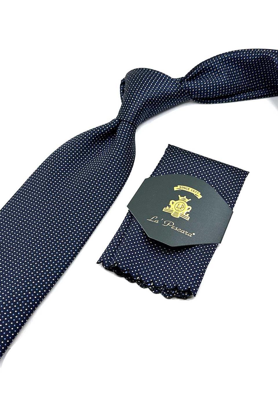Lacivert Nokta Desen Mendilli Klasik Kravat KK12596