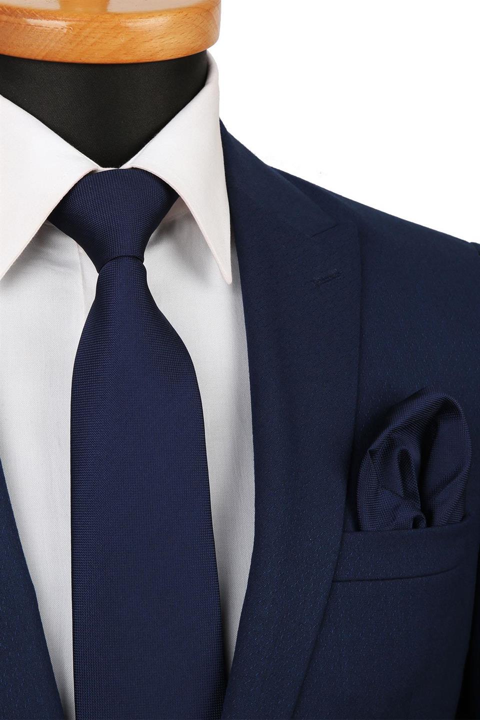 Lacivert Nokta Desen Mendilli Klasik Kravat KK4157