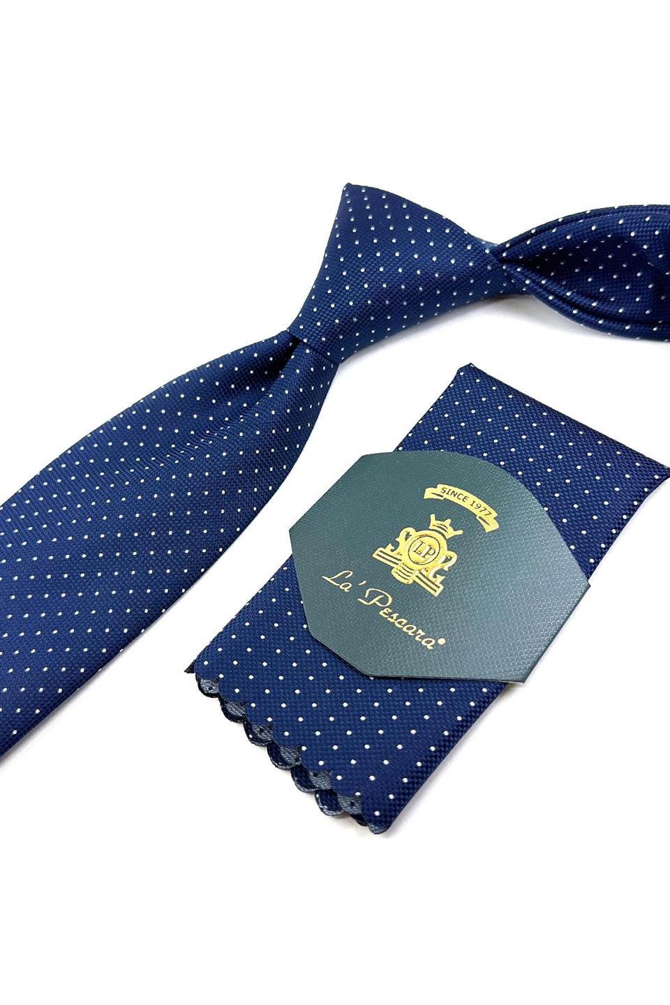 Lacivert Nokta Desen Mendilli Klasik Kravat KK11163