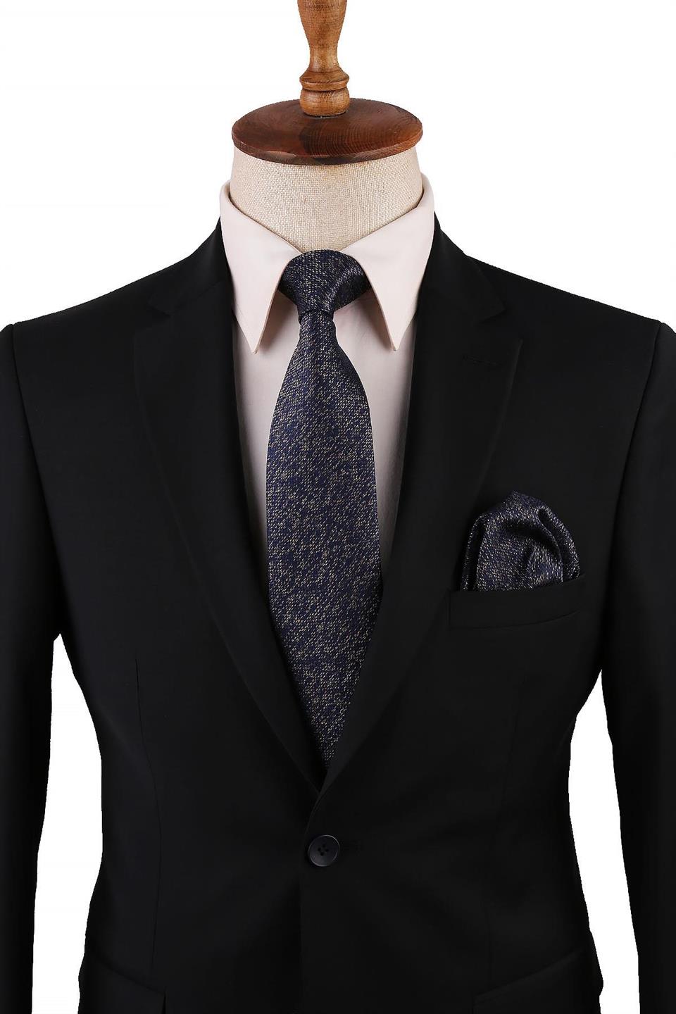 Lacivert Nokta Desen Mendilli Klasik Kravat KK10725