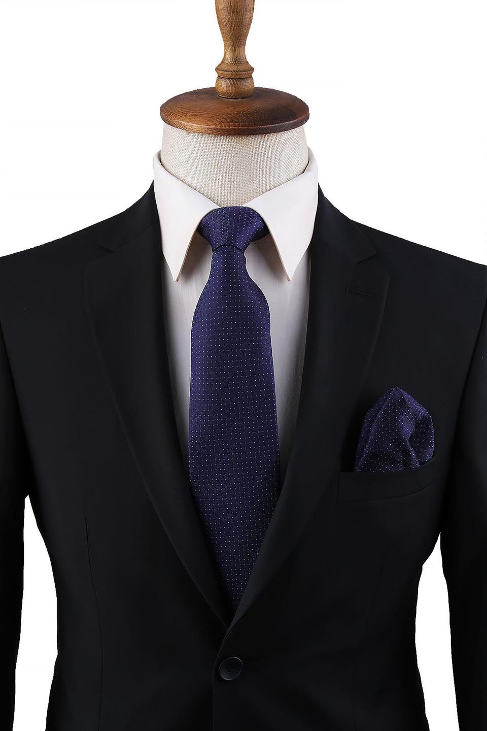Lacivert Nokta Desen Mendilli Klasik Kravat KK10807