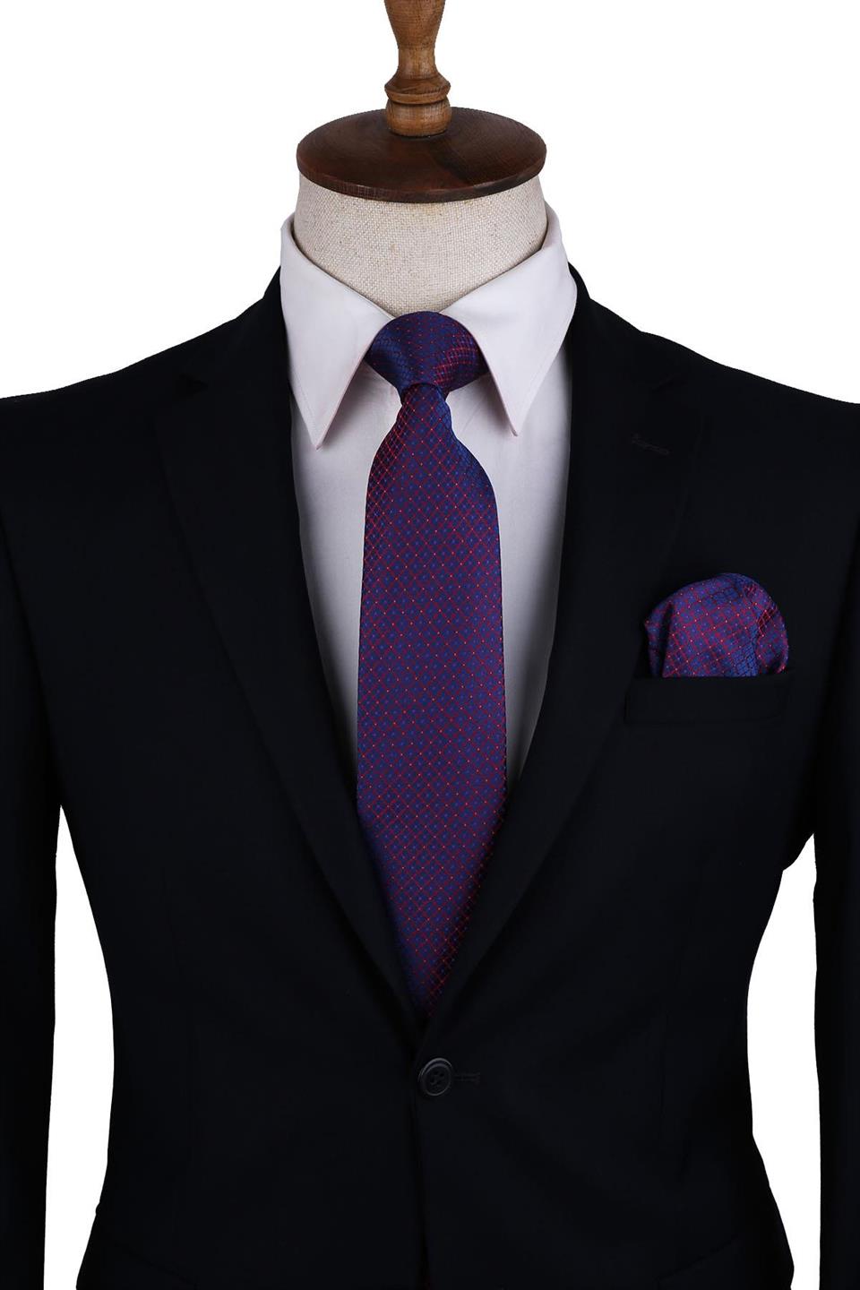 Lacivert Nokta Desen Mendilli Klasik Kravat KK10415