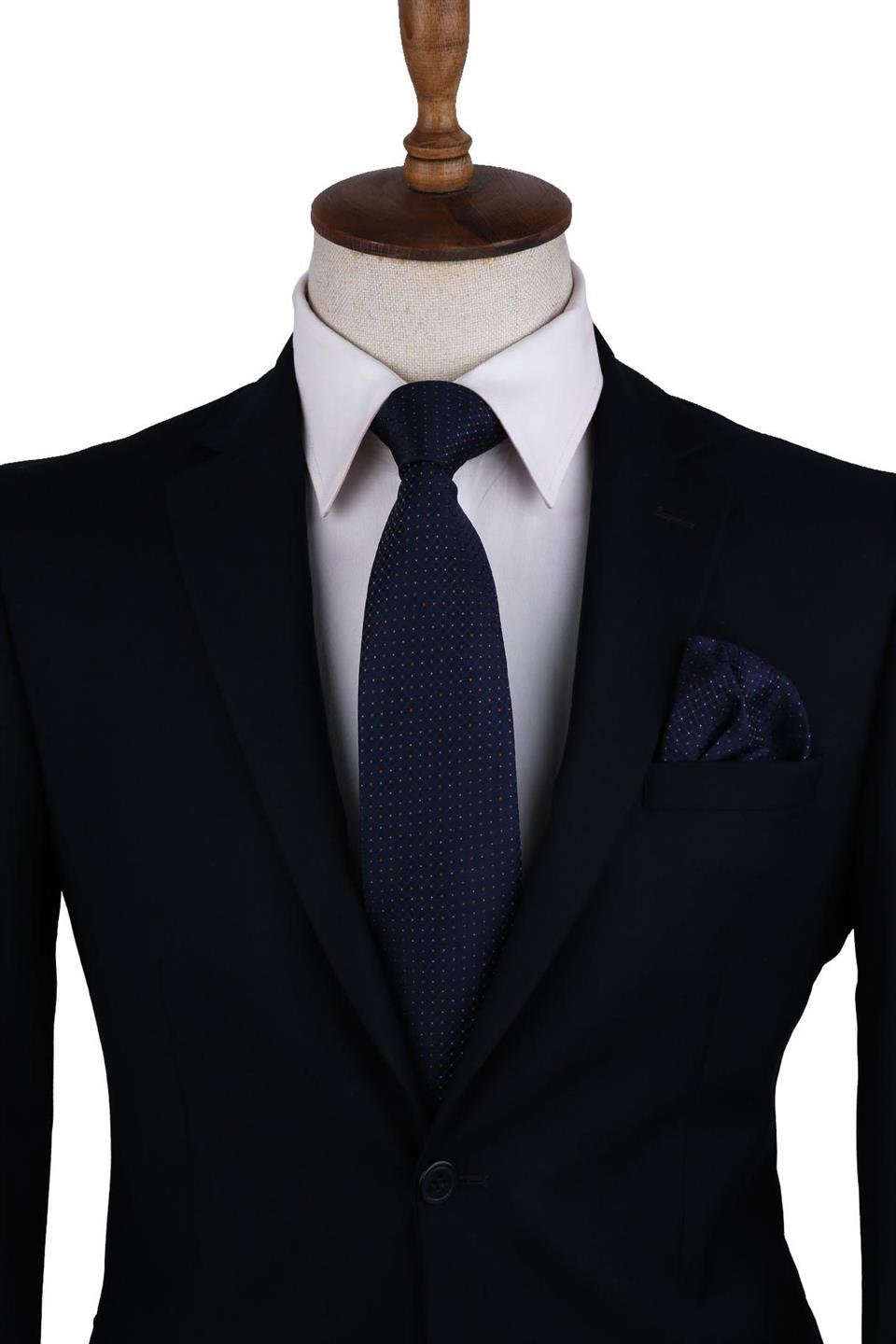 Lacivert Nokta Desen Mendilli Klasik Kravat KK10422