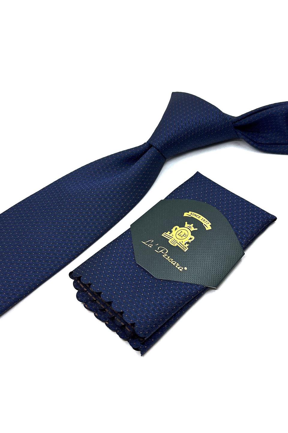 Lacivert Nokta Desen Mendilli Klasik Kravat KK11670