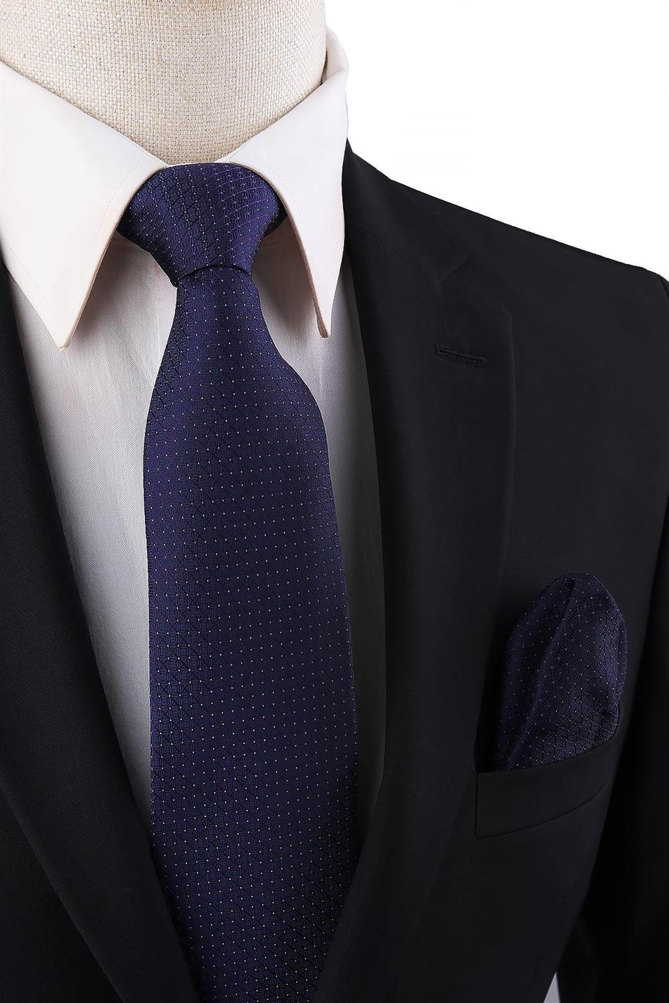 Lacivert Nokta Desen Mendilli Klasik Kravat KK10807