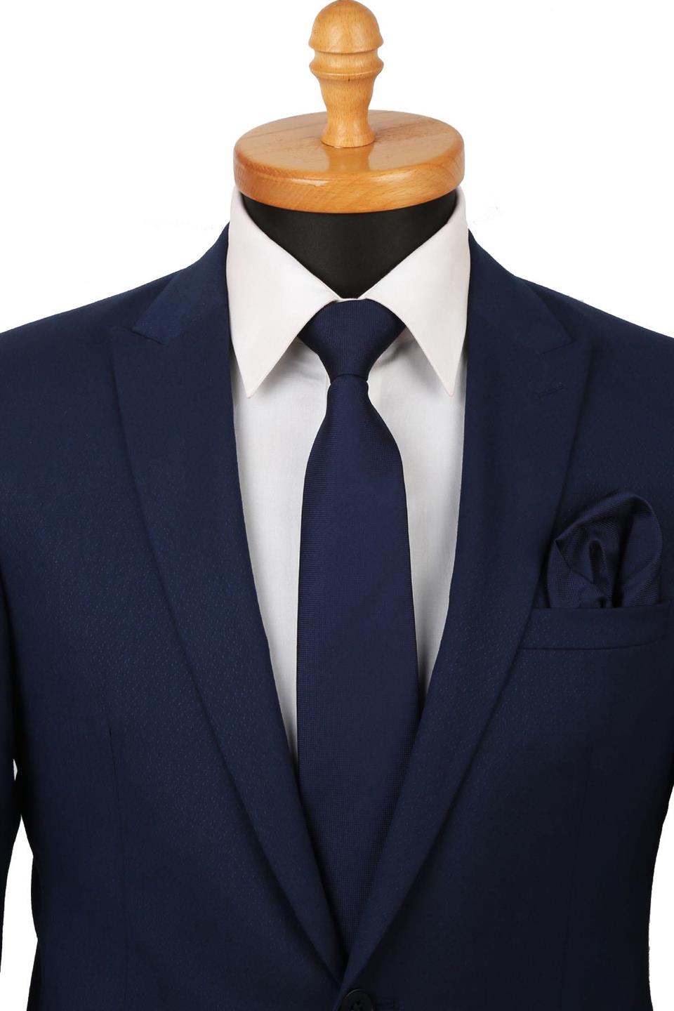 Lacivert Nokta Desen Mendilli Klasik Kravat KK4157