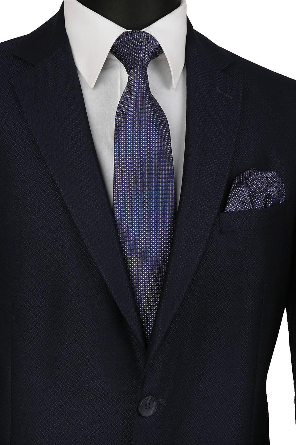 Lacivert Nokta Desen Mendilli Klasik Kravat KK9382