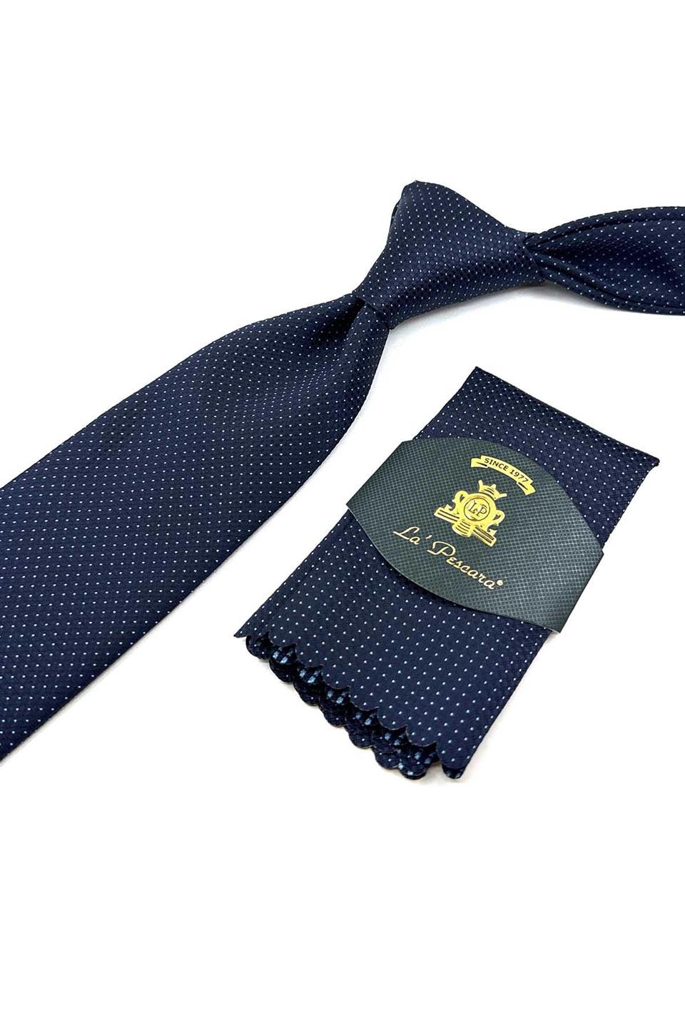 Lacivert Nokta Desen Mendilli Klasik Kravat KK12342