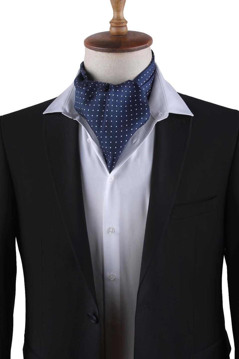 Lacivert Puantiye Desen İpek İtalyan Erkek Ascot K425
